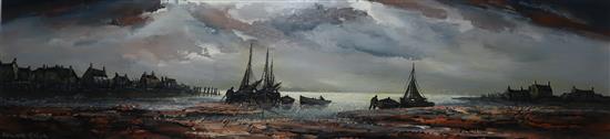 Edward Elliott, oil on board, Fishing boats in harbour at low tide, 30 x 122cm